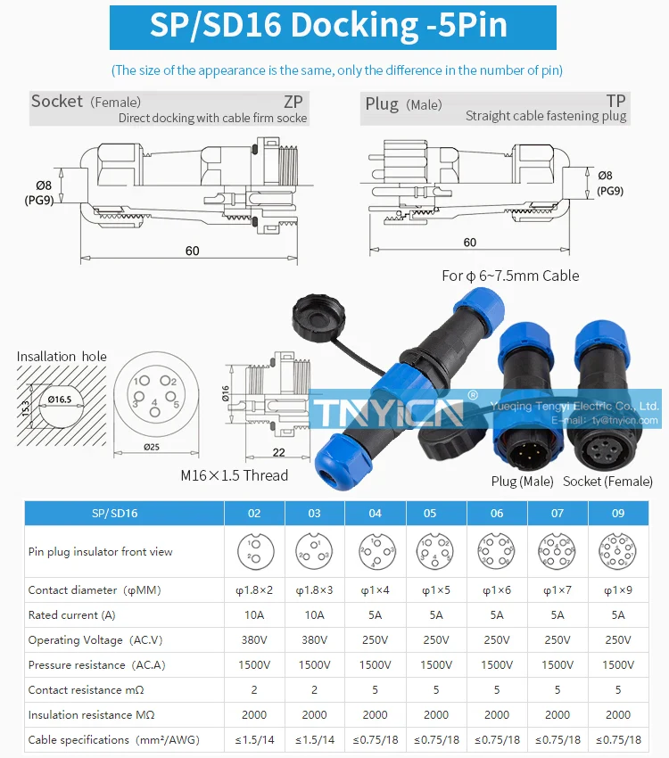 SD16 Docking 5Pin 5A Solder Type Waterproof Connector product detail view