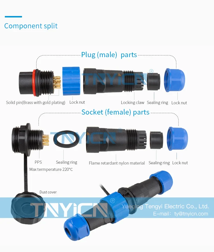 SD16 Docking 6Pin 5A Solder Type Waterproof Connector installation and panel mounting detail
