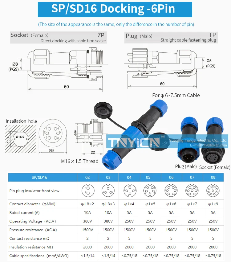 SD16 Docking 6Pin 5A Solder Type Waterproof Connector product detail view