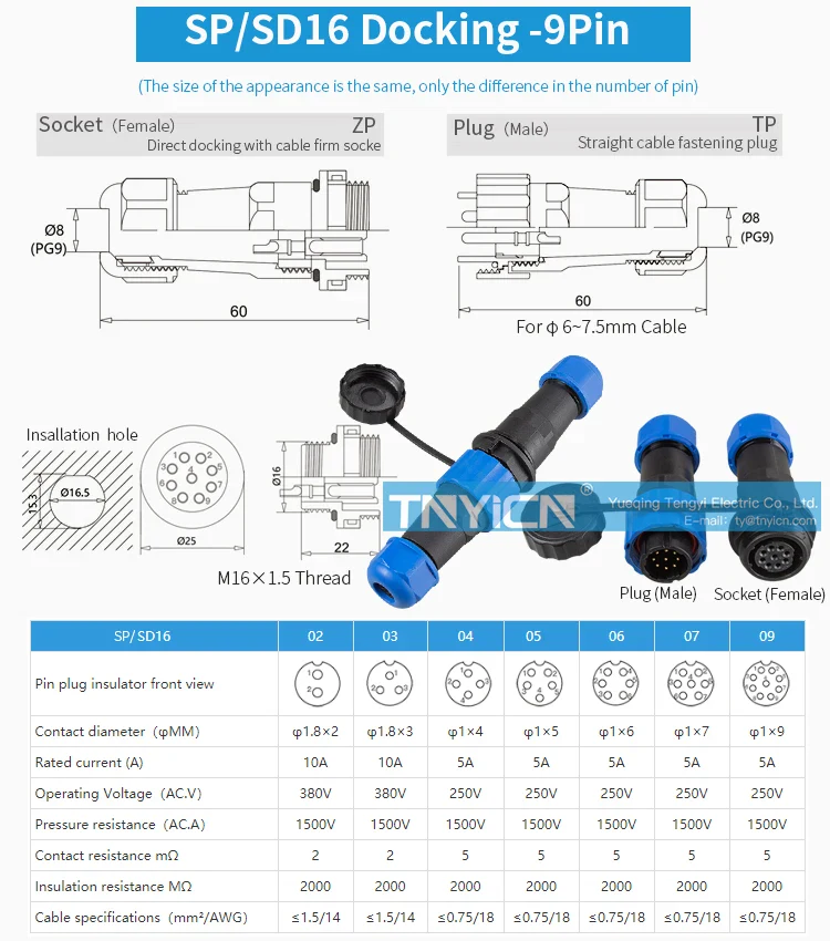 SD16 Docking 9Pin 5A Solder Type Waterproof Connector product detail view