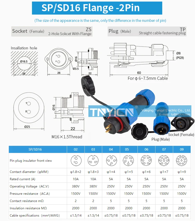 SD16 Flange 2Pin 10A Solder Type Waterproof Connector product detail image 04