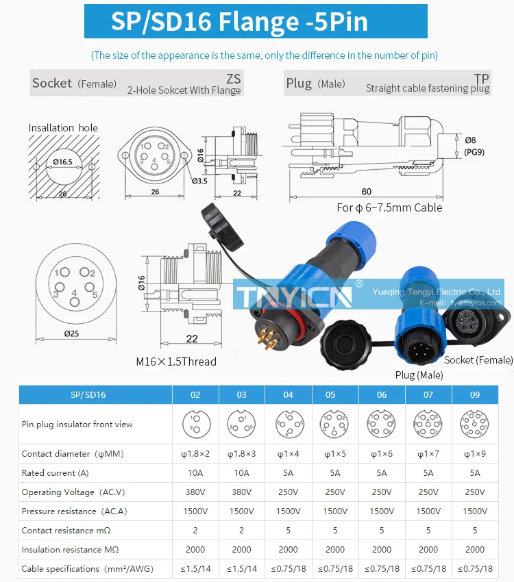 SD16 Flange 5Pin 5A Solder Type Waterproof Connector product detail image 04