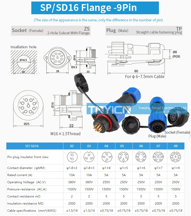 SD16 Flange 9Pin 5A Solder Type Waterproof Connector product detail image 04