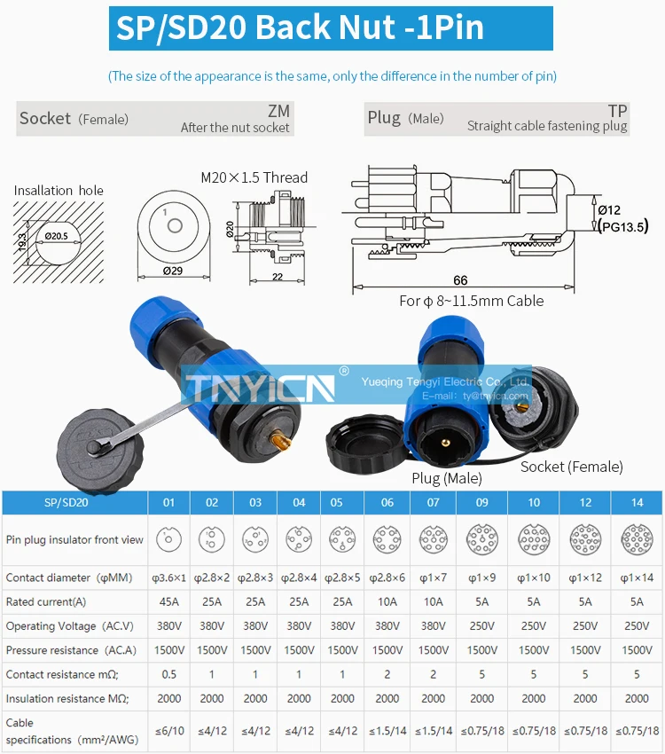 SD20 Back Nut 1Pin 45A Solder Type Waterproof Connector product detail view