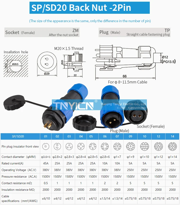 SD20 Back Nut 2Pin 25A Solder Type Waterproof Connector product detail view