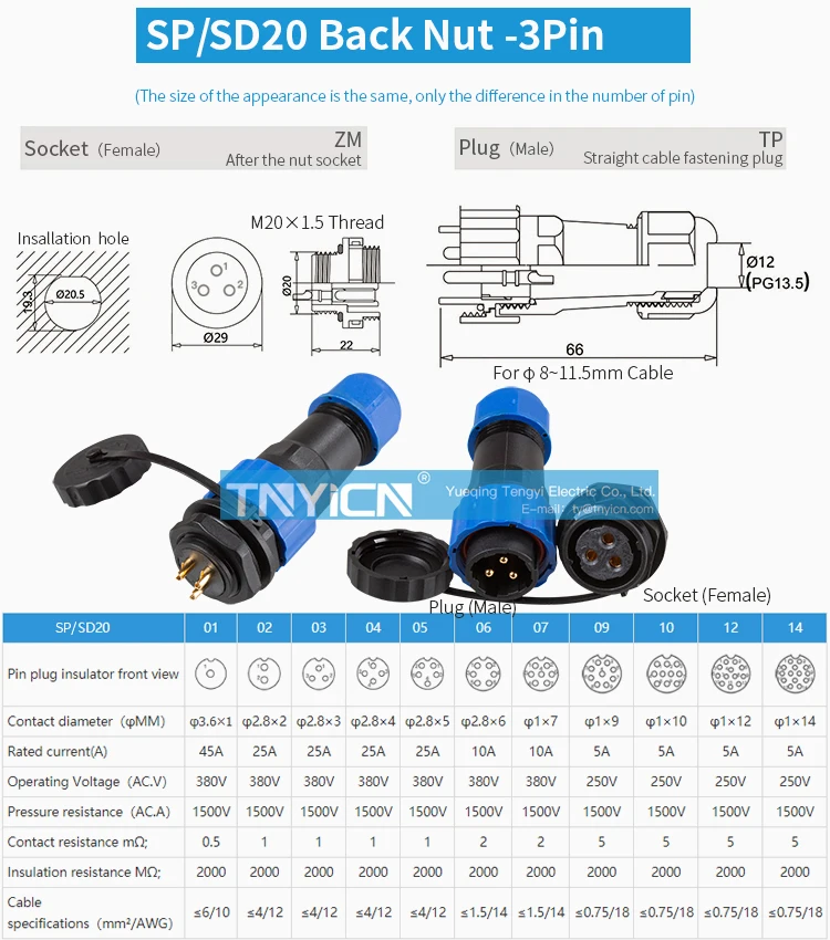 SD20 Back Nut 3Pin 25A Solder Type Waterproof Connector product detail view
