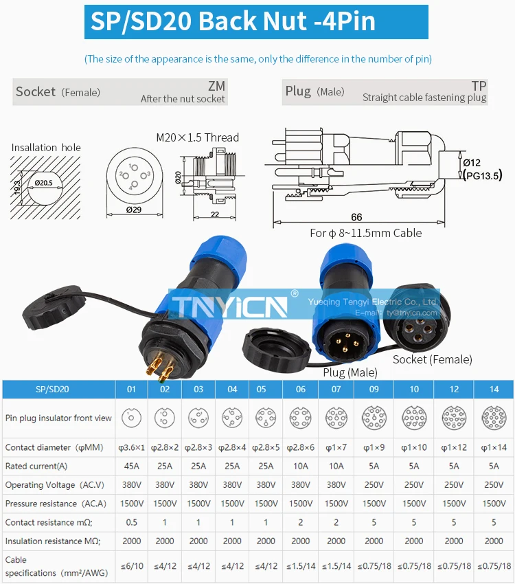 SD20 Back Nut 4Pin 25A Solder Type Waterproof Connector product detail view