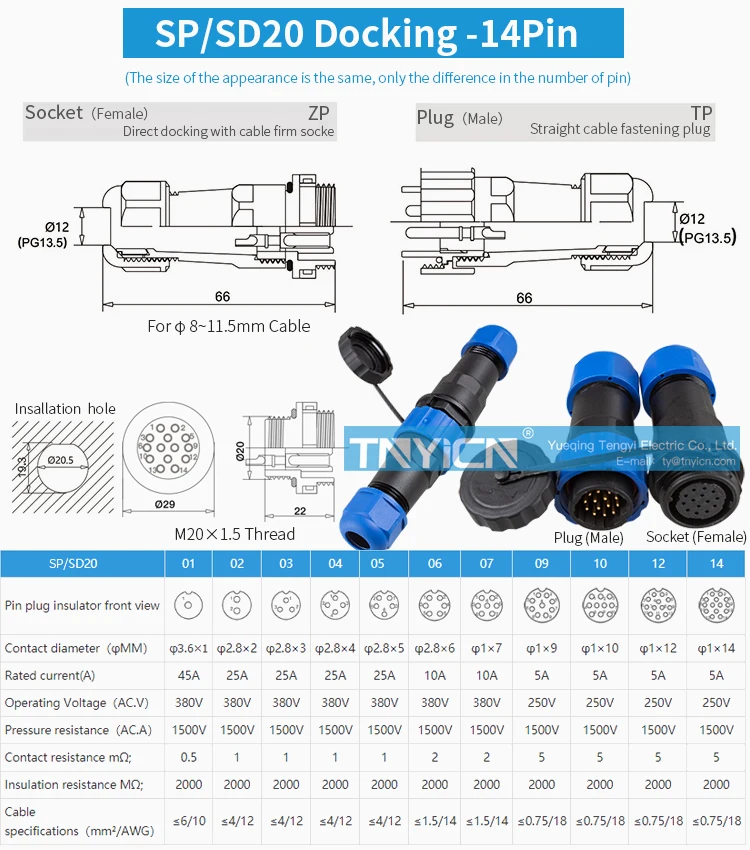 SD20 Docking 14Pin 5A Solder Type Waterproof Connector product detail view