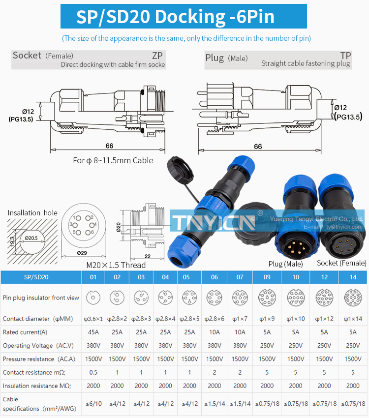 SD20 Docking 6Pin 10A Solder Type Waterproof Connector product detail view