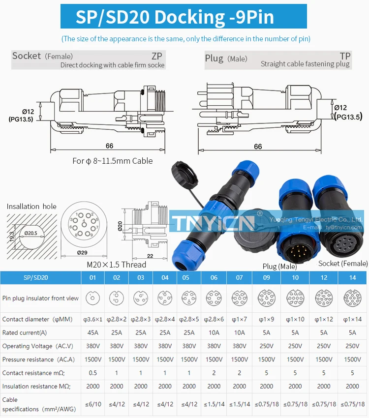 SD20 Docking 9Pin 5A Solder Type Waterproof Connector product detail view