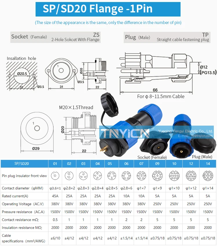 SD20 Flange 1Pin 45A Solder Type Waterproof Connector product detail image 05