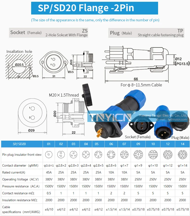 SD20 Flange 2Pin 25A Solder Type Waterproof Connector product detail image 05