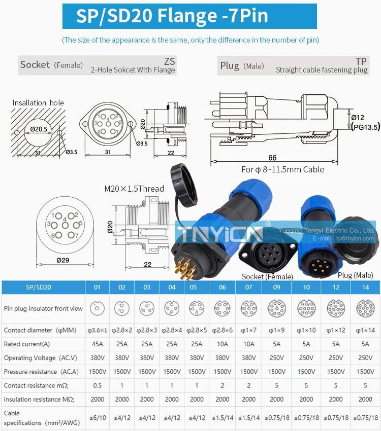 SD20 Flange 7Pin 10A Solder Type Waterproof Connector product detail image 04