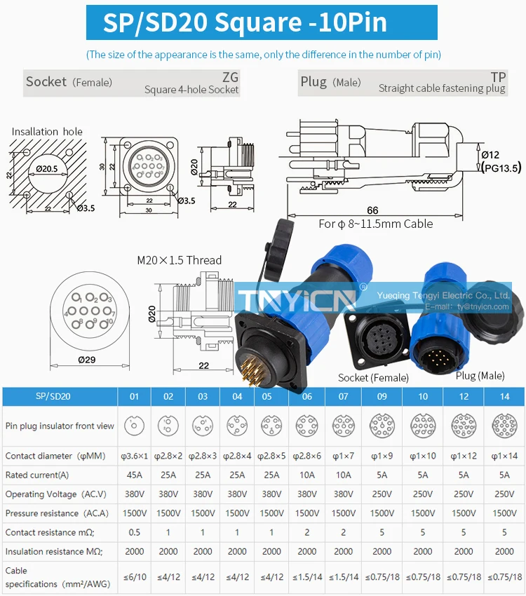 SD20 Square 10Pin 5A Solder Type Waterproof Connector image 05
