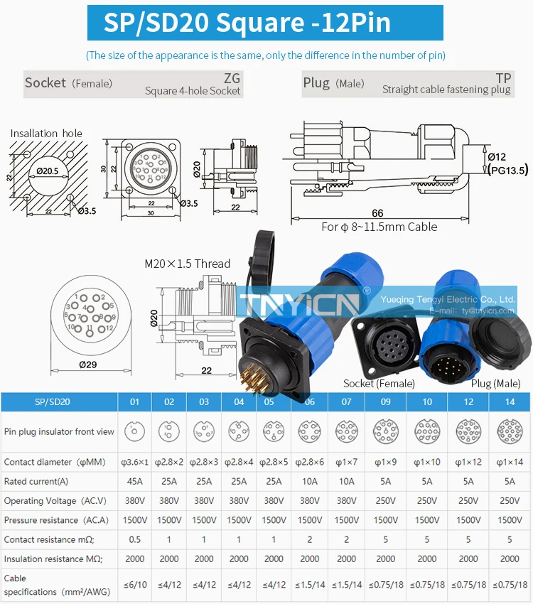 SD20 Square 12Pin 5A Solder Type Waterproof Connector image 05