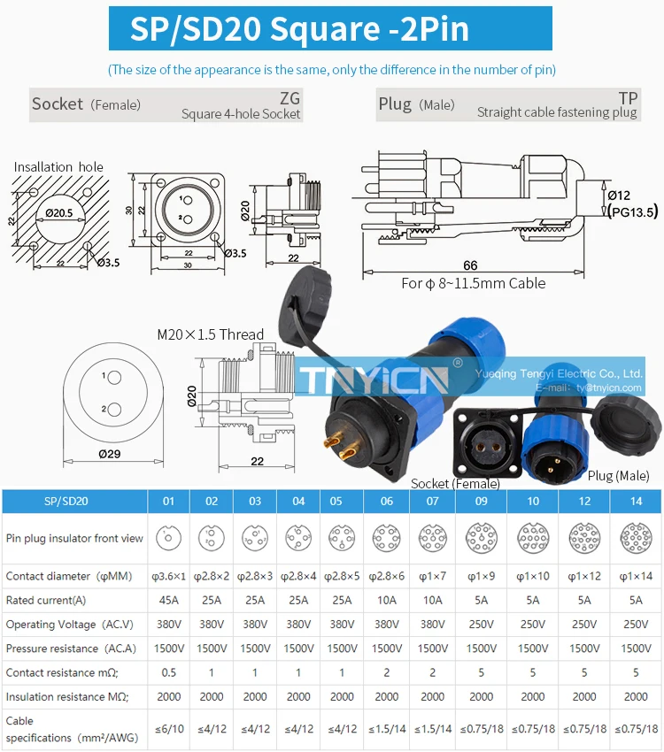 SD20 Square 2Pin 25A Solder Type Waterproof Connector image 05