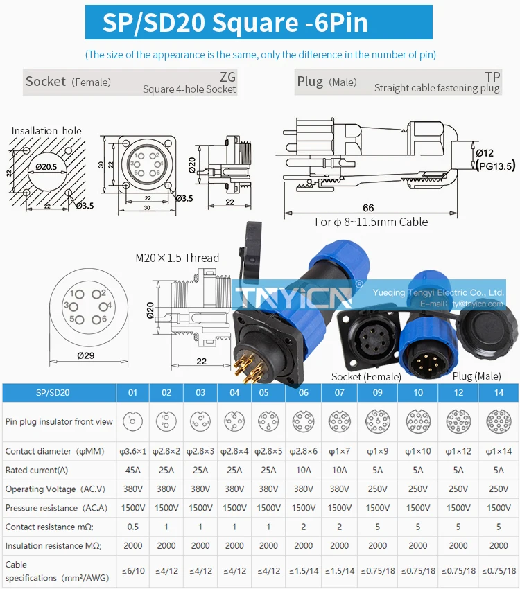 SD20 Square 6Pin 10A Solder Type Waterproof Connector image 05