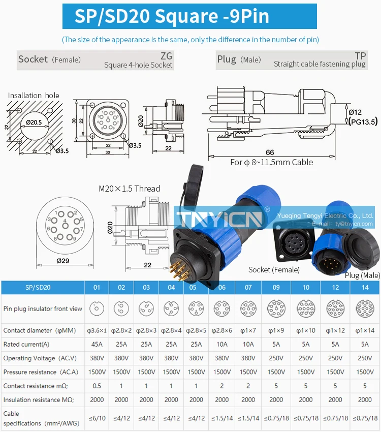 SD20 Square 9Pin 5A Solder Type Waterproof Connector image 05